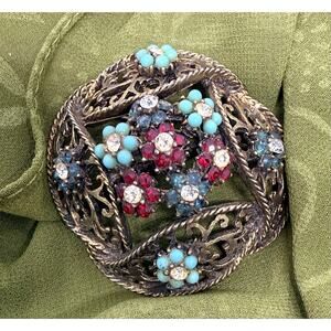 Vintage BSK Brooch 2.25” Aurora Borealis Rhinestone Floral Pin